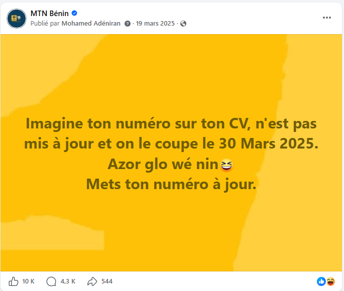 Mise à Jour des Numéros  : campagne MTN BENIN